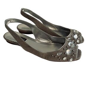 Rafe NY Natural with Platinum Metallic Sheen Bejeweled Peep Toe Flat 6.5